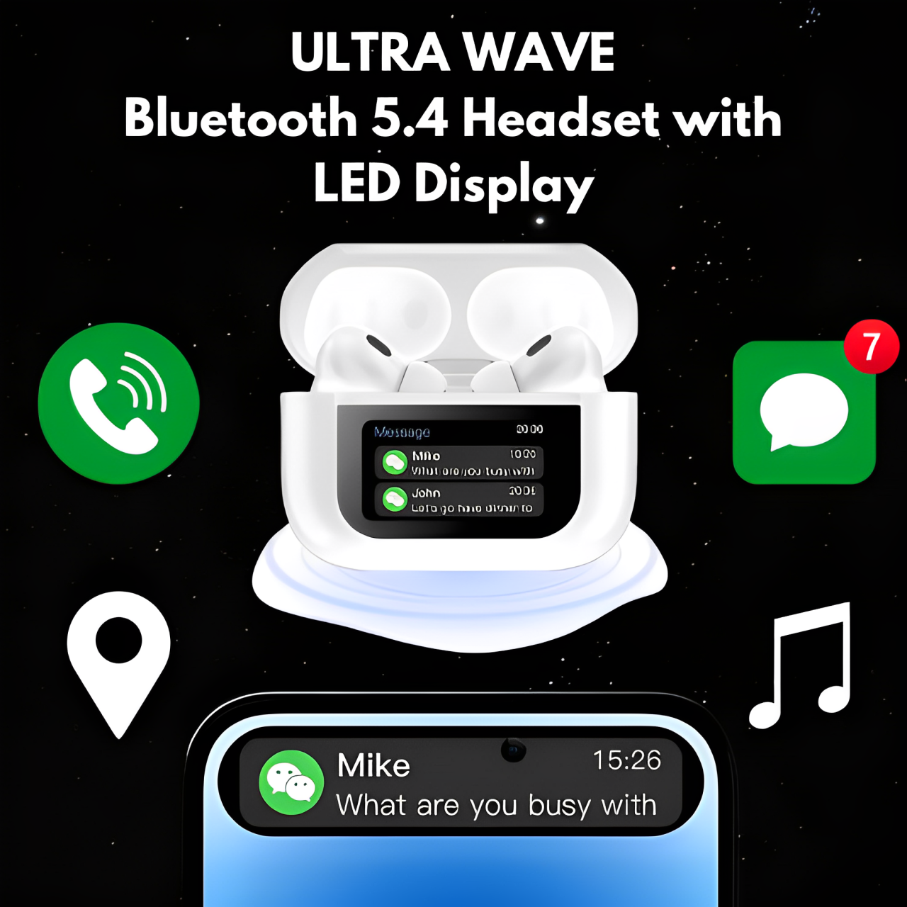 UltraWave: Bluetooth 5.4 Headset with LED Display